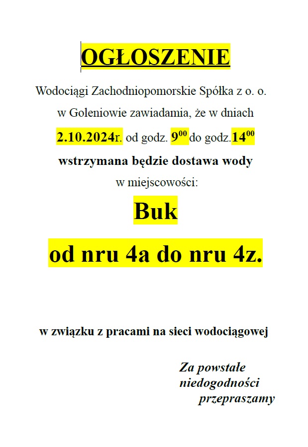 Wstrzymanie dostawy wody w Buku w dniu 02.10.2024 r. w godz. 9 - 14, Buk od nr 4a do nr 4z