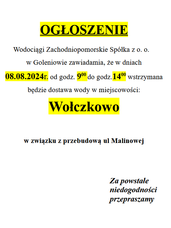 Wstrzymanie dostawy wody w Wołczkowie w dniu 8 sierpnia 2024 r. godz. 9-14