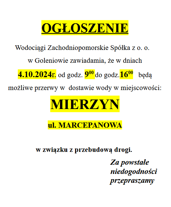 Mozliwe przerwy w dostawie wody w Mierzynie w dniu 04.10.2024 r. w godzinach 9-16 na ul. Marcepanowej