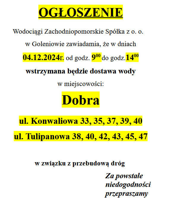 Wstrzymanie dostawy wody w Dobrej w dniu 04.12.2024 w godzinach 9-14 na ulicach Konwaliowa i Tulipanowa 