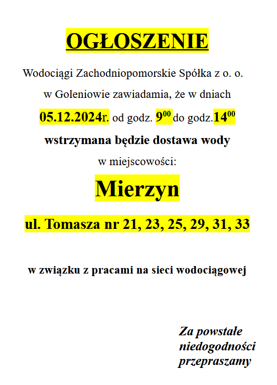 Wstrzymanie dostawy wody w Mierzynie w dniu 05.12.2024 godz. 9-14 na ul. Tomasza numery: 21, 23, 25, 29, 31, 33