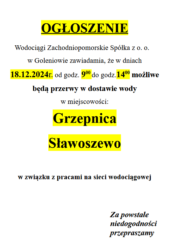 Wstrzymanie wody w Grzepnicy i Sławoszewie w dniu 18.12  w godz. 9-14