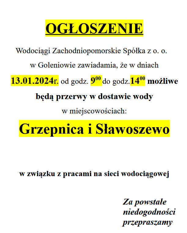 Przerwy w dostawie wody w Sławoszewie i Grzepnicy w dniu 13.01 godz. 9-14