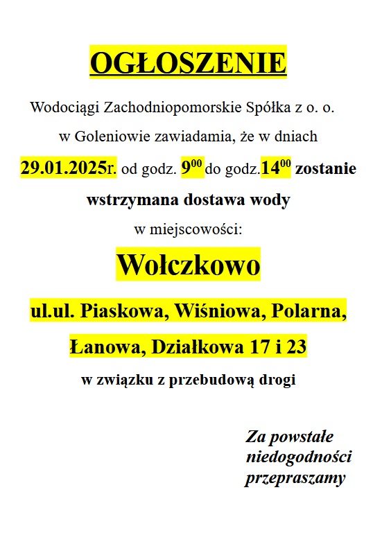 Wstrzymanie dostawy wody w Wołczkowie w dniu 29 stycznia 2025 r. w godz. 9-14 na ulicach Piaskowa, Wiśniowa, Polarna, Łanowa, Działkowa 17 i 23