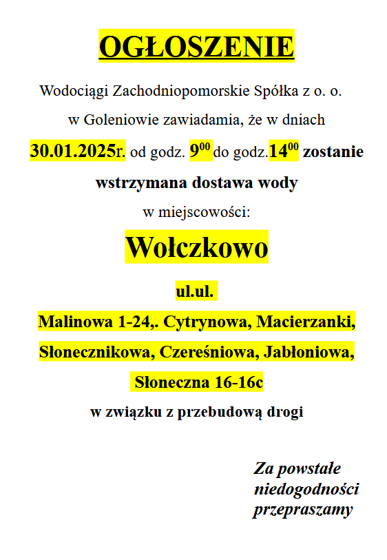 Wstrzymanie dostawy wody w Wołczkowie w dniu 30 stycznia 2025 r. godz 9-14 na ul. Malinowej 1-24, Cytrynowa, Macierzanki, Słonecznikowa, Czereśniowa, Jabłoniowa, Słoneczna 16-16c