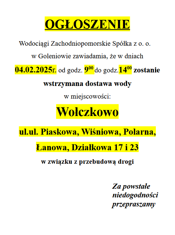 Wstrzymana dostaw wody w Wołczkowie w dniu 4 luty 2025 r. godz. 9-14  na ulicach Piaskowa, Wiśniowa, polarna, Łanowa, Działkowa 17 i 23