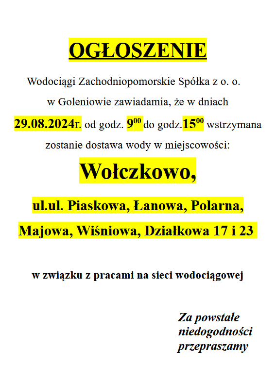 Wstrzymanie dostawy wody w Wołczkowie w dniu 29.08.2024 w godzinach 9-15 na ulicach: Piaskowa, Łanowa, Polarna, Majowa, Wiśniowa, Działkowa 17 i 23