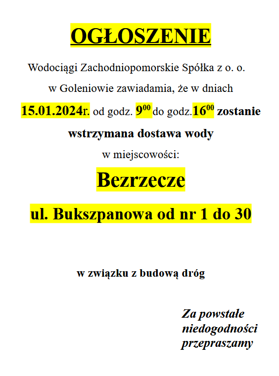 Wstrzymanie dostawy wody w Bezrzeczu na ul. Bukszpanowej 1-30 w dniu 15.01.2025 godz. 9-16