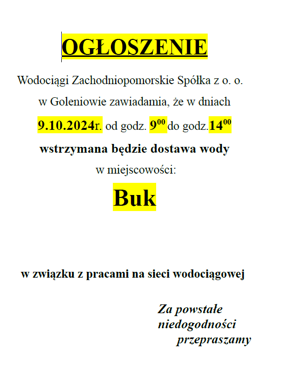 Wstrzymanie dostawy wody w Buku w dniu 09.10.2024 r. w godz. 9-14