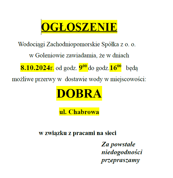 Możliwe przerwy w dostawie wody w Dobrej w dniu 08.10.2024 r. w godz. 9-16 na ul. Chabrowej