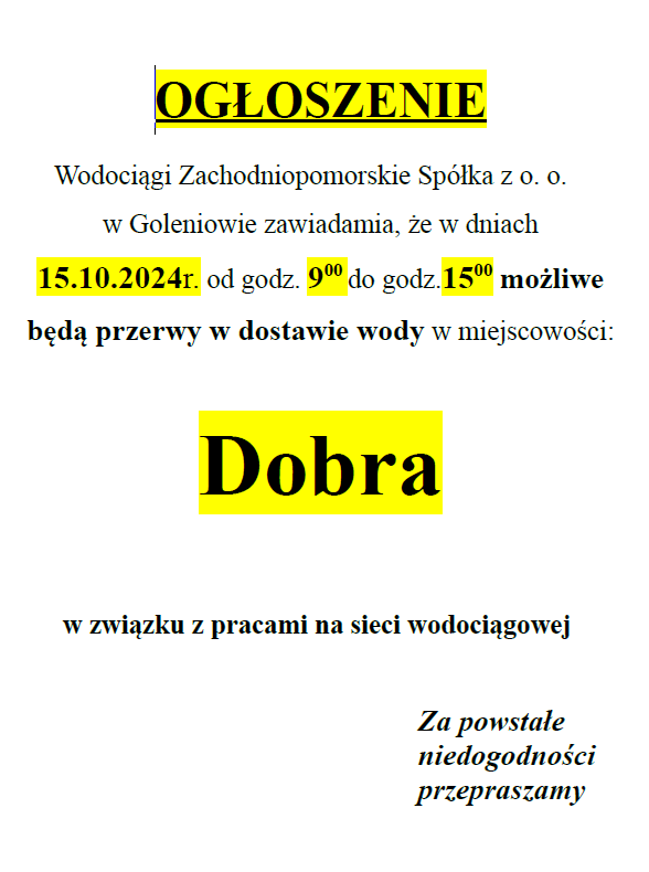 Możliwe przerwy w dostawie wody w Dobrej w dniu 15.10.2024 w godzinach 9-15