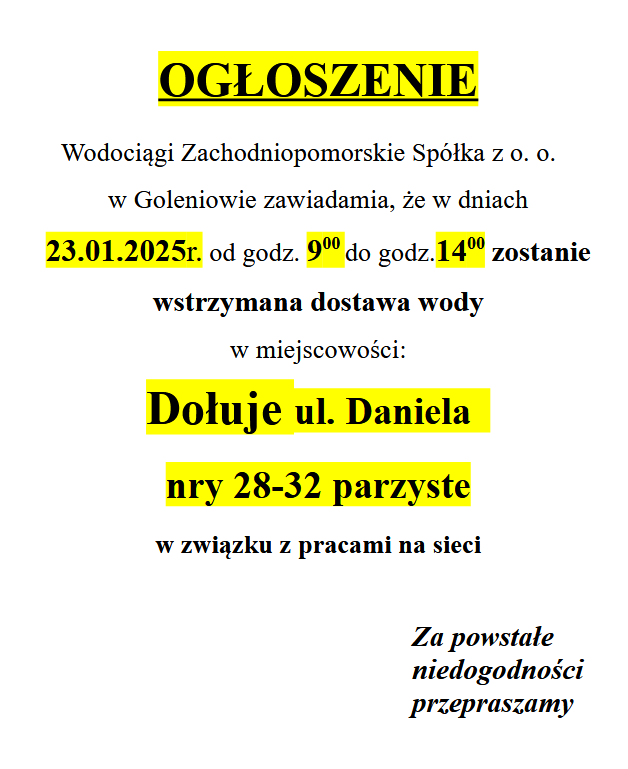 Wstrzymanie dostawy wody w Dołujach ul. Daniela nr 28-32 w dniu 23.01.2025 godz. 9-14