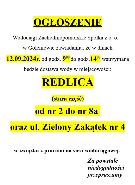 Wstrzymanie dostawy wody w Redlicy w dniu 12.09.2024 godz. 9-14 w Redlica od nr 2  do 8a oraz ul. Zielony Zakątek nr 4