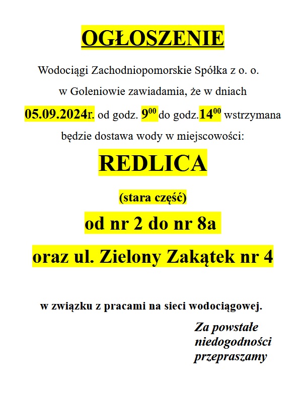 Wstrzymanie dostawy wody w Redlicy w dniu 05.09 godz. 9-14 od nr 2 do 8a oraz ul. Zielony Zakątek nr 4