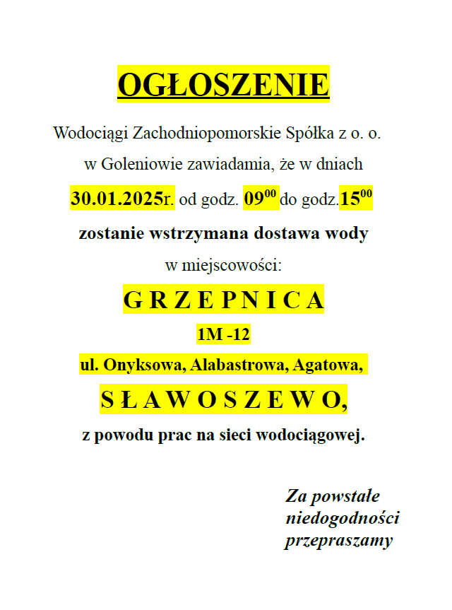 Wstrzymanie dostawy wody w Grzepnicy w dniu 30 stycznia 2025 r.  godz. 9-15 na ulicy Onyksowej, Alabastrowej, Agatowej, Grzepnica 1M-12 oraz w Sławoszewie