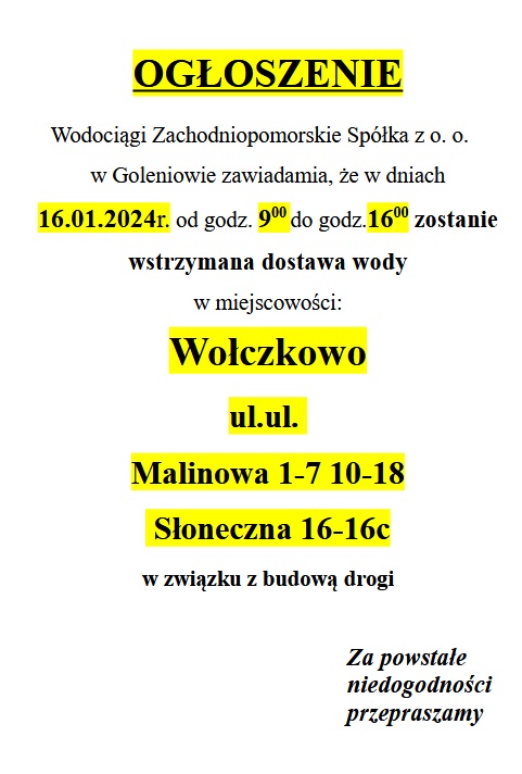 Wstrzymanie dostawy wody w Wołczkowie na ulicy Malinowej 1-7 i 10-18 oraz Słonecznej 16-16c w dniu 16.01.2025 w godz. 9-16