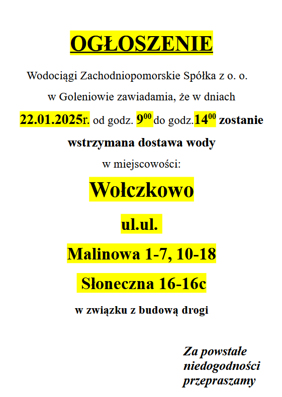 Wstrzymanie dostawy wody w Wołczkowie wul. Malinowa 1-7, 10-18, Słoneczna 16-16c w dniu 22.01.2025 godz. 9-14