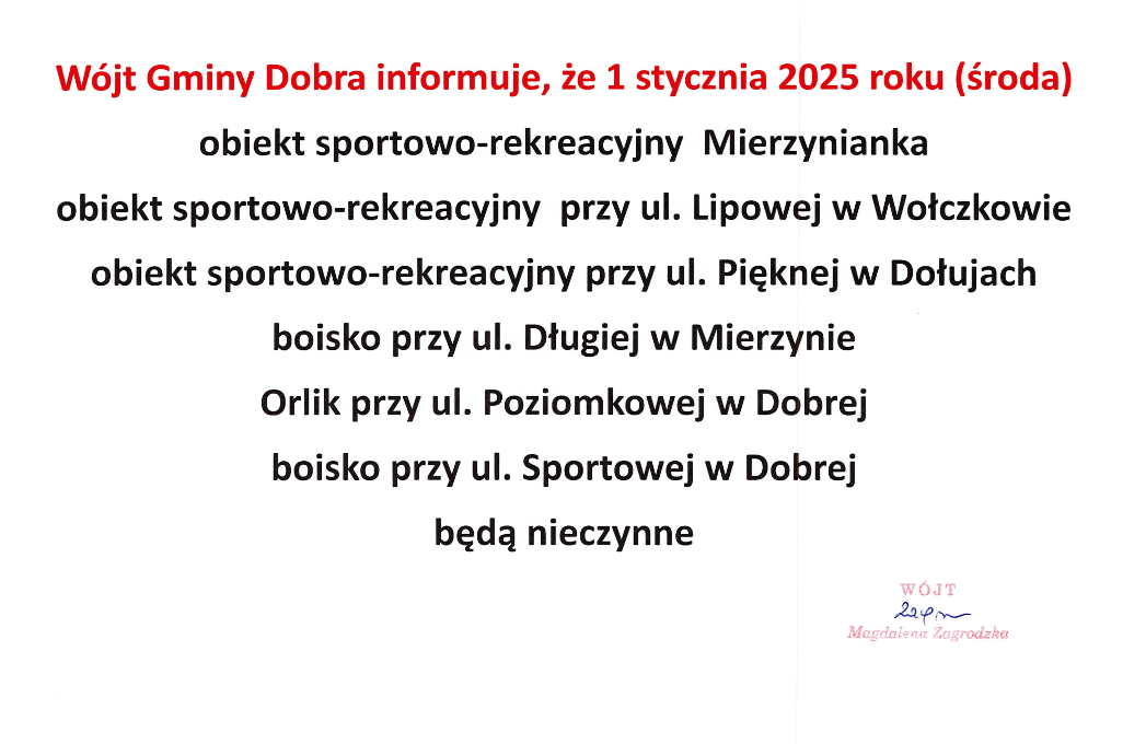 1 stycznia 2025 roku obiekty sportowo-rekreacyjne na terenie Gminy Dobra będą zamknięte