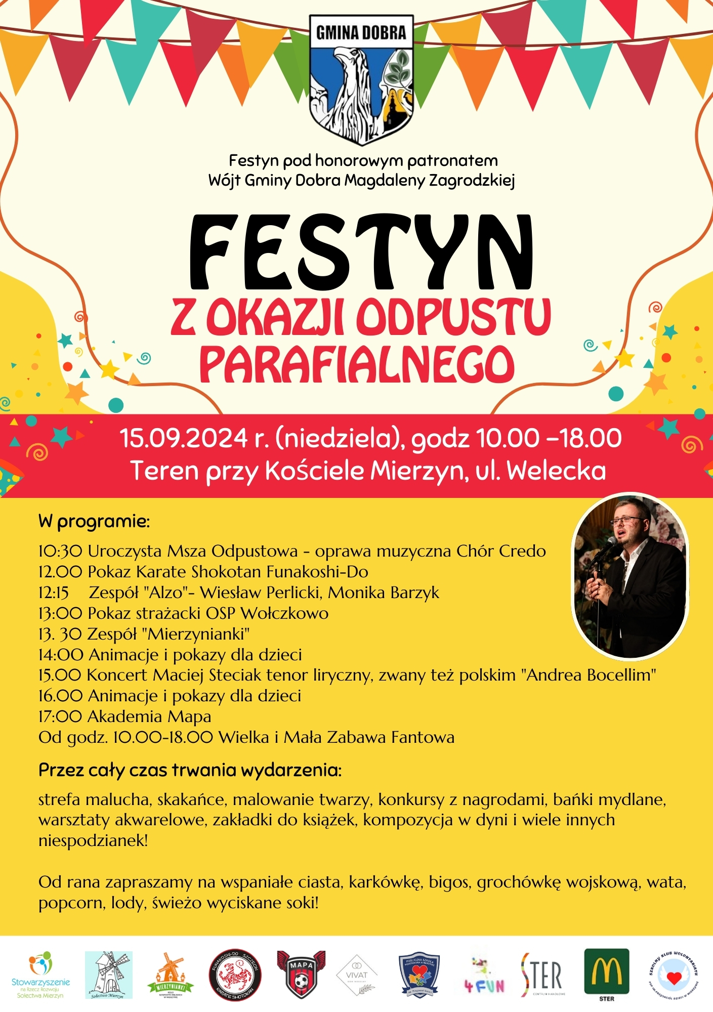 Plakat wydarzenia. Odpust rozpocznie się 15.09.2024 r. o godz. 10:00 na terenie przy Kościele