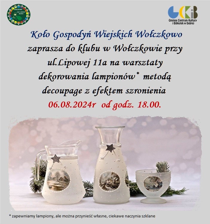 Plakat wydarzenia. Warsztaty dekorowania lampionów odbędą się w klubie w Wołczkowie 06.08.2024 godz. 18:00.