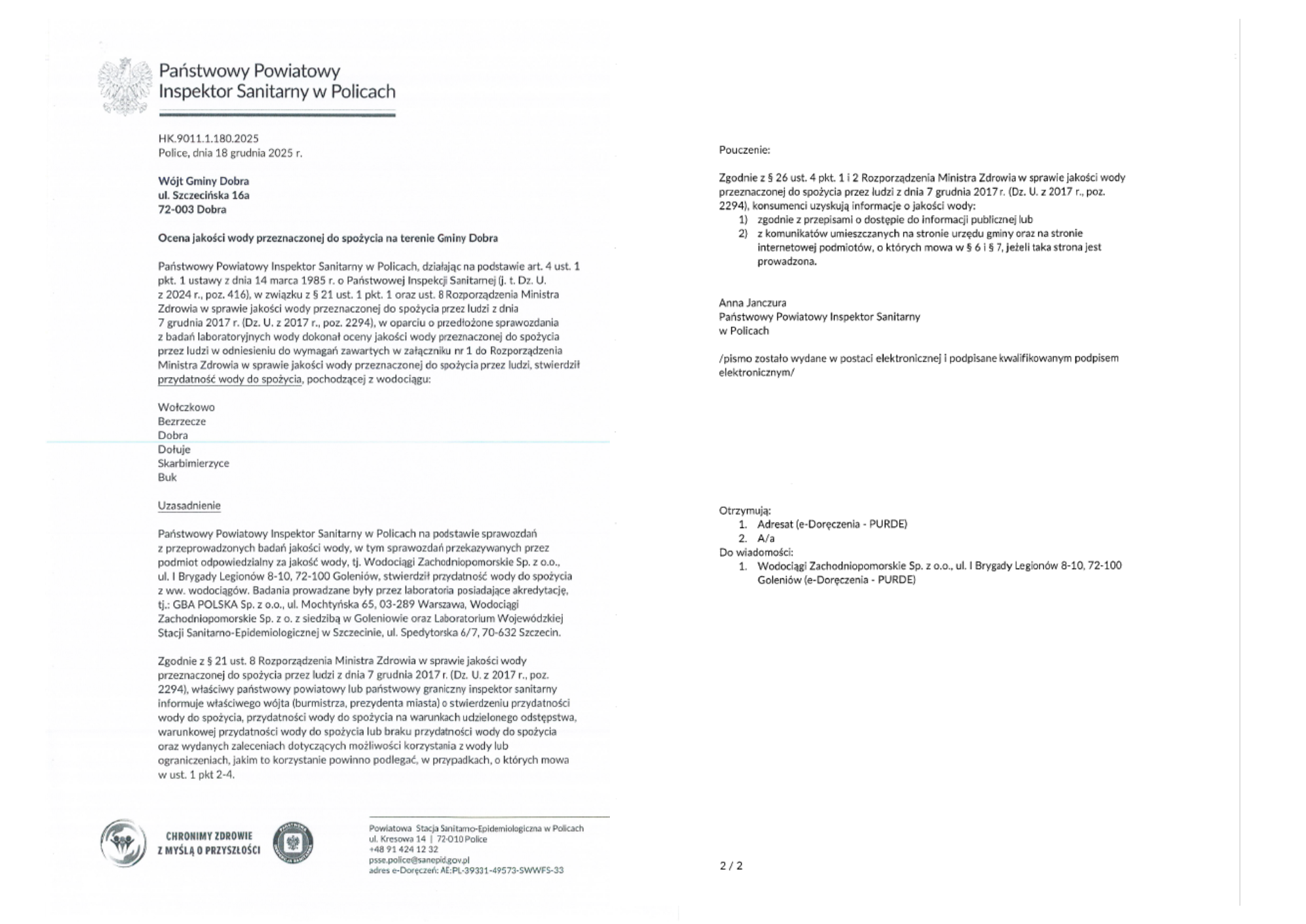 Komunikat - ocena jakości wody na terenie Gminy Dobra