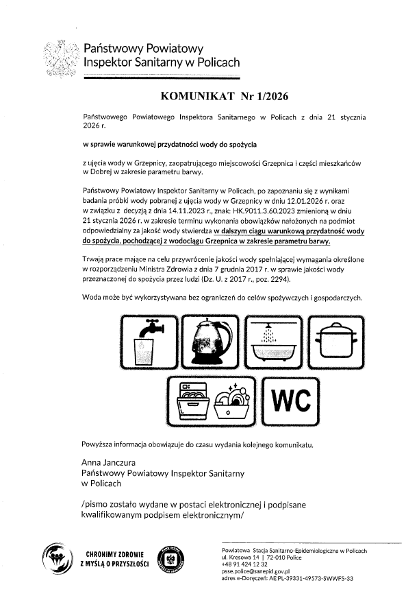 Komunikat - ocena jakości wody w Grzepnicy