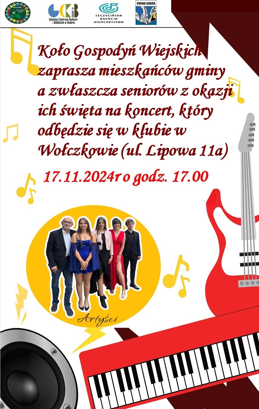 Plakat wydarzenia. Koncert odbędzie się w klubie Wołczkowie w dniu 17 listopada o godzinie 17:00