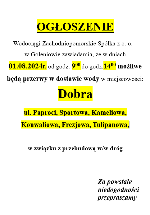 Możliwe przerwy w dostawie wody w Dobrej w dniu 01.08.2024 r. w godzinach 9-14 na ulicach: Paproci, Sportowa, Kameliowa, Konwaliowa, Frezjowa, Tulipanowa