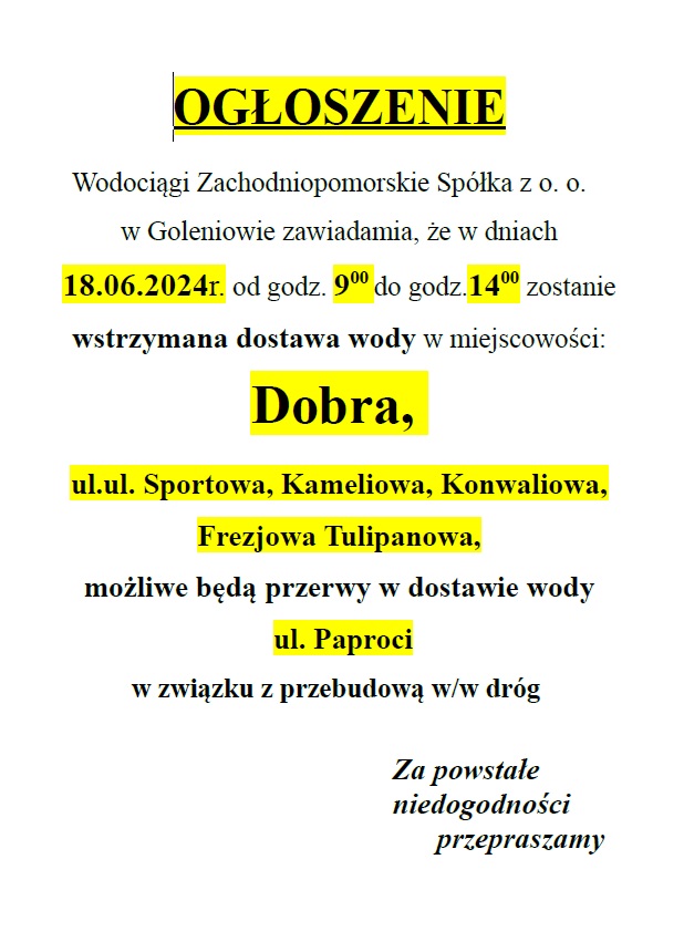 Wstrzymanie dostawy wody w Dobrej w dniu 18.06.2024 godz. 9-14 na ulicach: Sportowa, Kameliowa, Konwaliowa, Frezjowa, Tulipanowa