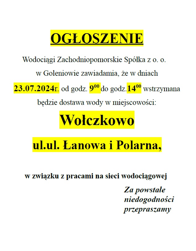 Wstrzymanie dostawy wody w Wołczkowie w dniu 23.07.2024 r. w godz. 9-14 na ul. Łanowej i Polarnej