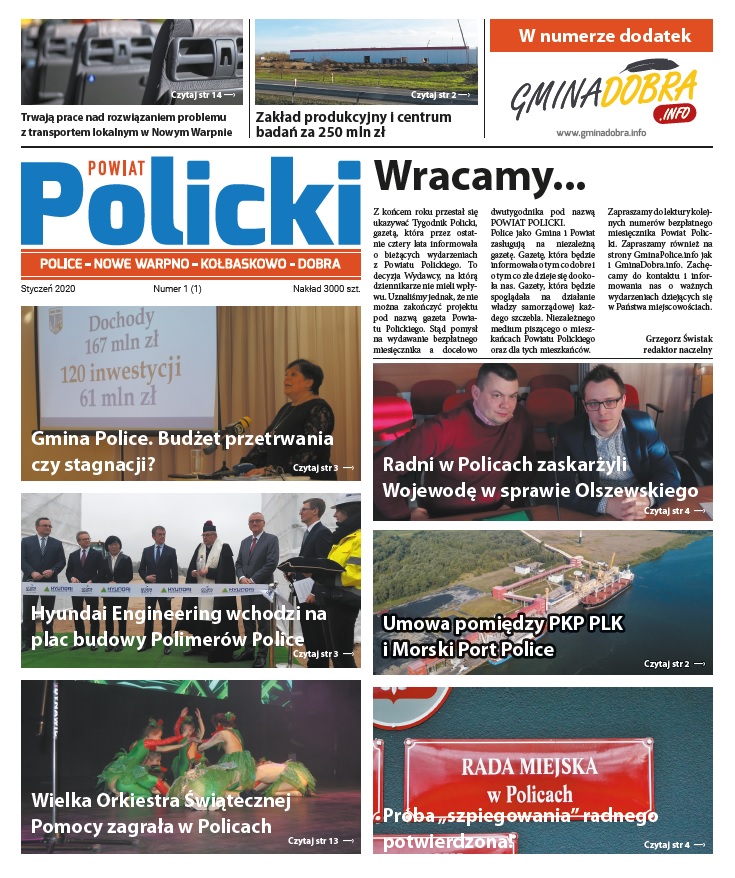 Pierwsza strona numeru 1/2020 gazety Powiat Policki