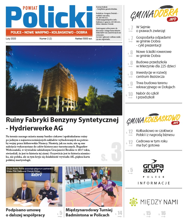 Pierwsza strona numeru 2/2020 gazety Powiat Policki