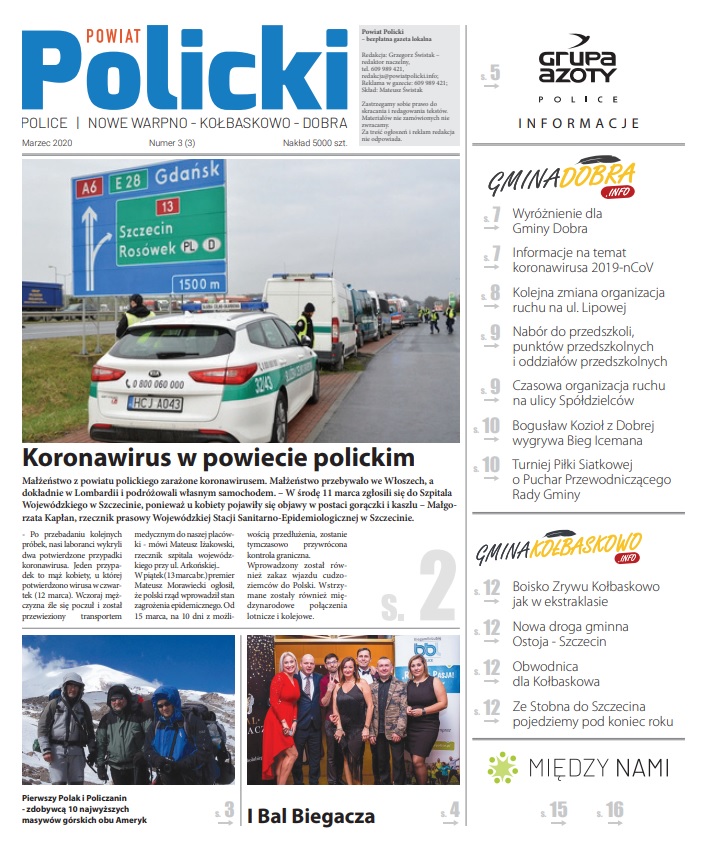Pierwsza strona numeru 3/2020 gazety Powiat Policki