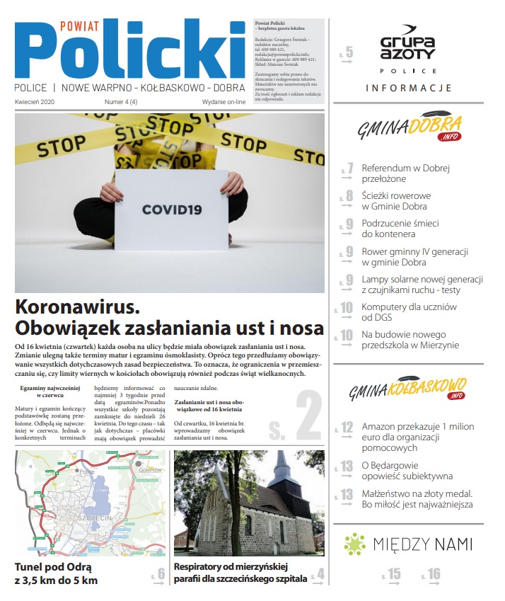 Pierwsza strona numeru 4/2020 gazety Powiat Policki