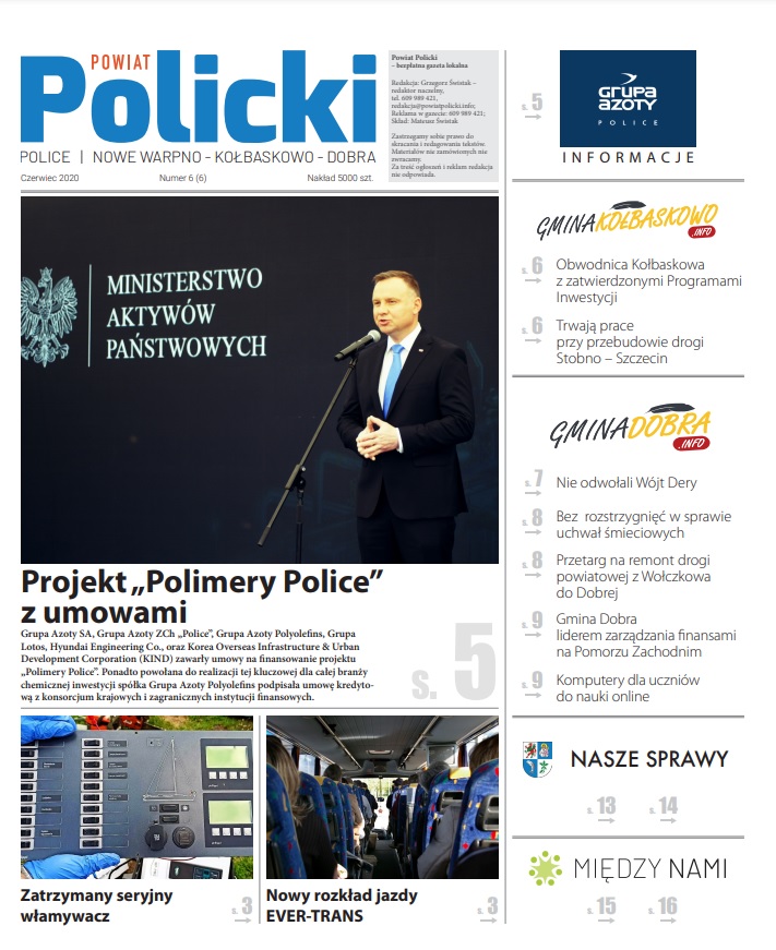 Pierwsza strona numeru 6/2020 gazety Powiat Policki