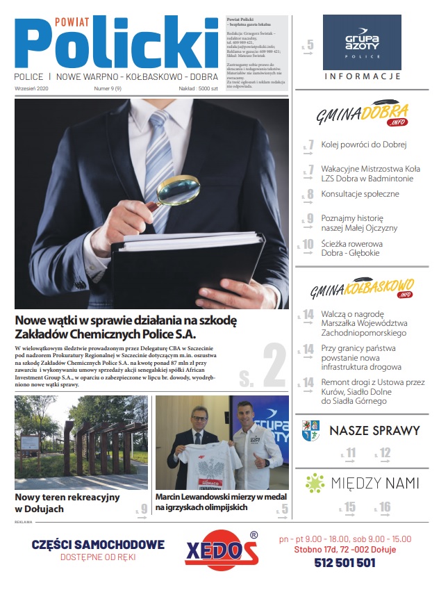 Pierwsza strona numeru 9/2020 gazety Powiat Policki