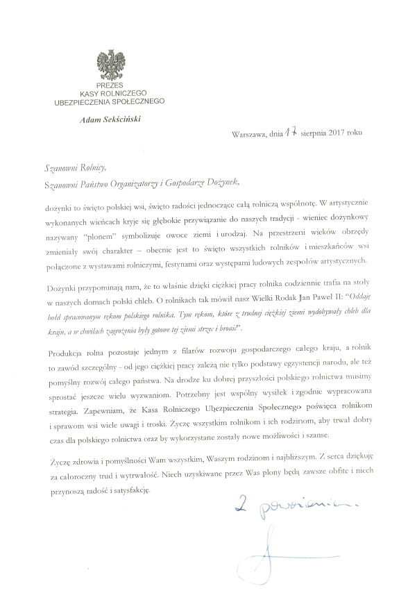 List Prezesa KRUS z życzeniami adresowany do organizatorów i gospodarzy dożynek