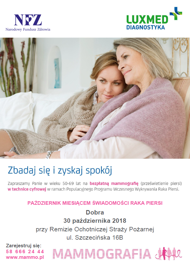 Badania mammograficzne w Dobrej w dniu 30.10.2018 r.