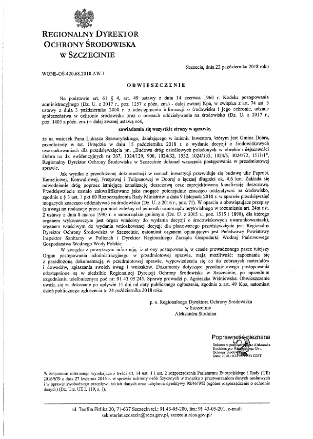Obwieszczenie Regionalnego Dyrektora Ochrony Środowiska w Szczecinie z dnia 22 października 2018 roku