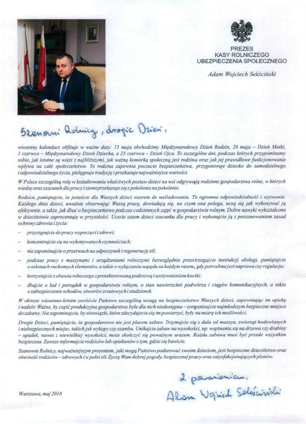 List Prezesa KRUS na temat bezpieczeństwa rolników i dzieci w gospodarstwie rolnym