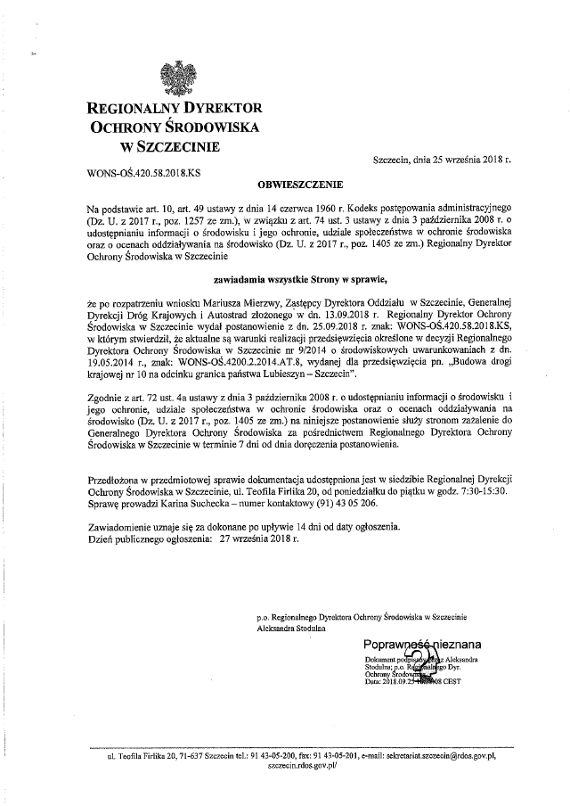 Obwieszczenie Regionalnego Dyrektora Ochrony Środowiska w Szczecinie z dnia 25.09.2018 r.