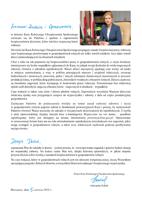 List Prezesa KRUS na temat bezpieczeństwa dzieci w gospodarstwie rolnym podczas wakacji