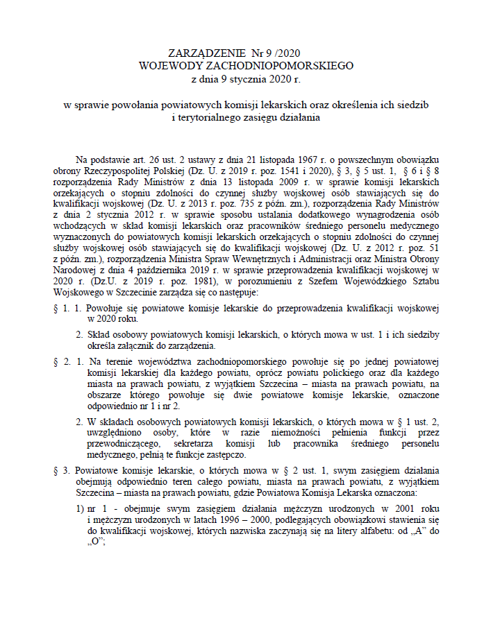 Zarządzenie nr 9/2020 Wojewody Zachodniopomorskiego z dnia 9 stycznia 2020 r. w sprawie powołania powiatowych komisji lekarskich oraz określenia ich siedzib i terytorialnego zasięgu działania