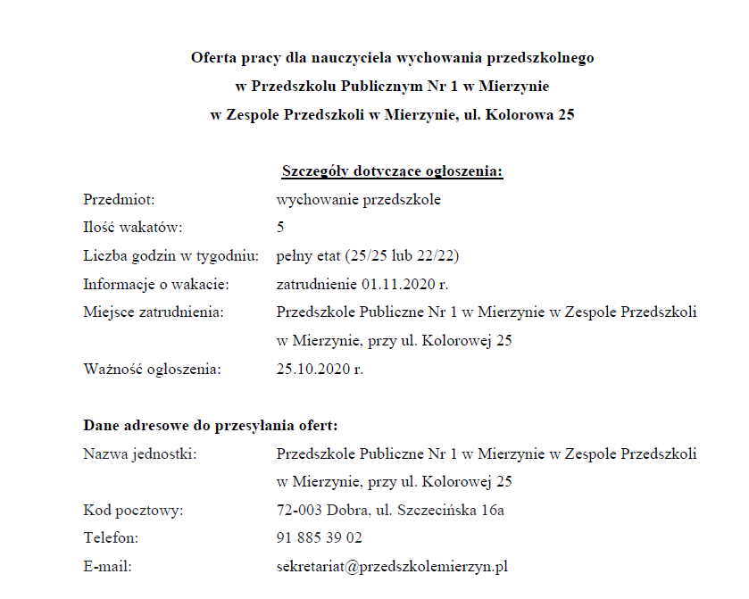 Oferta pracy dla nauczyciela wychowania przedszkolnego w Przedszkolu Publicznym Nr 1 w Mierzynie - 5 wakatów