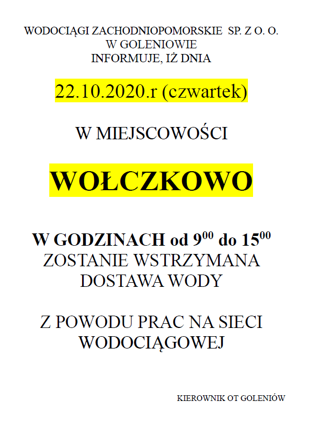 Wstrzymanie dostawy wody w Wołczkowie - 22.10.2020