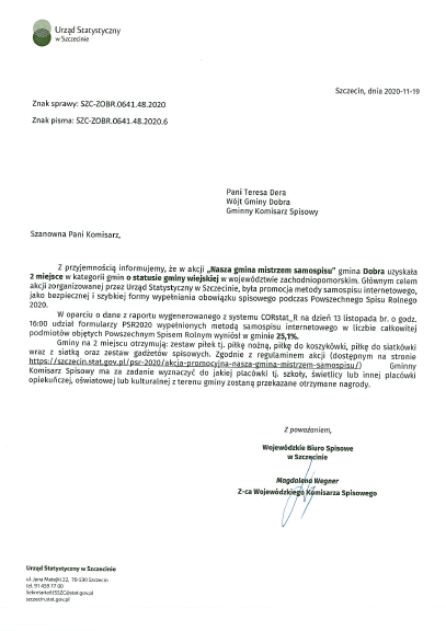 Pismo zastępcy Wojewódzkiego Komisarza Spisowego o zajęciu przez Gminę Dobra 2 miejsca 