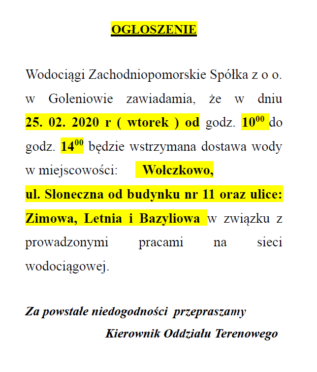 Wstrzymanie dostawy wody w Wołczkowie - 25.02.2020 r.