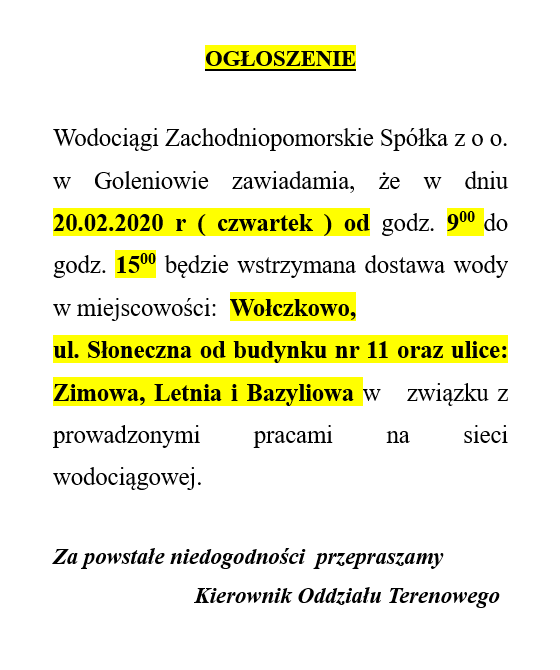 Wstrzymanie dostawy wody w Wołczkowie - 20.02.2020r.