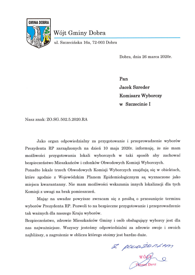 Pismo Wójta Gminy Dobra do Komisarza Wyborczego w Szczecinie
