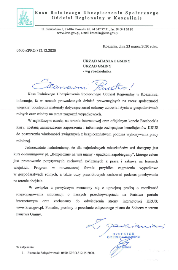 Pismo Dyrektora Oddziału Regionalnego Kasy Rolniczej Ubezpieczenia Społecznego w Koszalinie